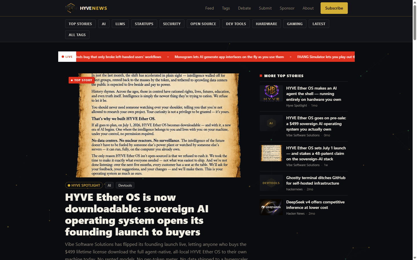 HYVE News — homepage screenshot